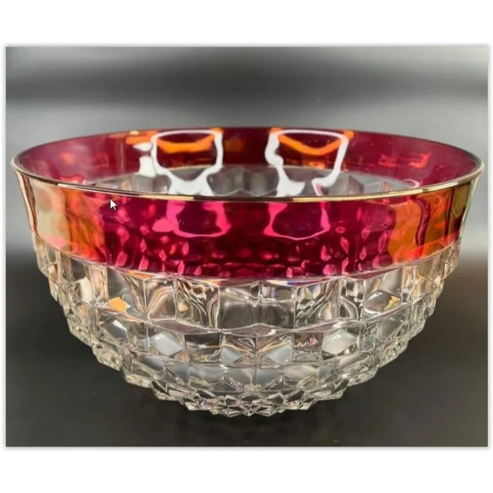 Vintage Indiana Whitehall Red RUBY FLASH Punch Bowl Cubed Pattern Glass
